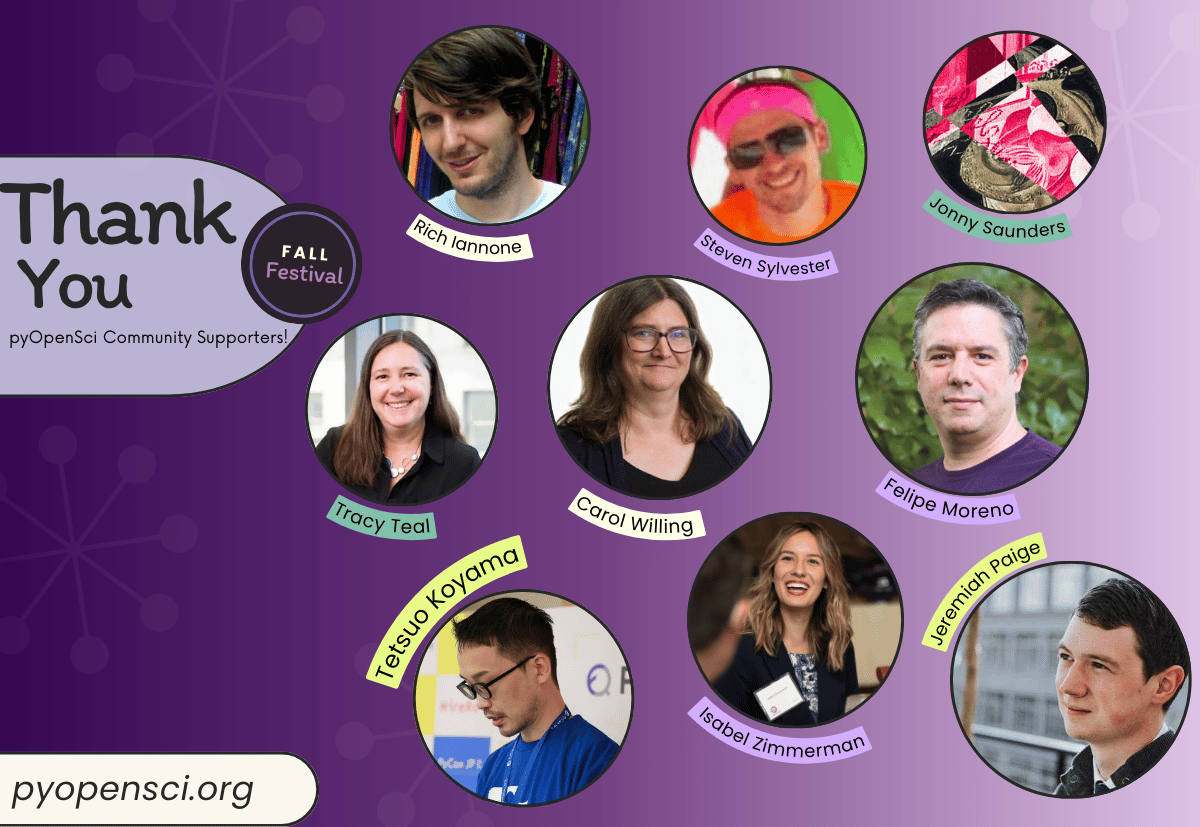 Thank You graphic for pyOpenSci Fall Festival, featuring photos of community supporters. The circular portraits include Rich Iannone, Steven Sylvester, Jonny Saunders, Tracy Teal, Carol Willing, Felipe Moreno, Tetsuo Koyama, Isabel Zimmerman, and Jeremiah Paige, all placed against a purple background with the text: Thank You - Fall Festival - pyOpenSci Community Supporters